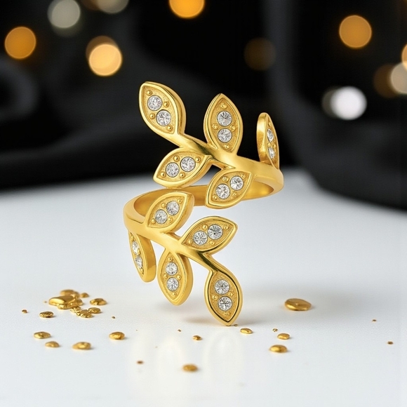🆕️Elegant 18K Gold Plated Adjustable Leaves 🌿Leaf Ring Sparkling Zircon ✨ - Picture 1 of 14